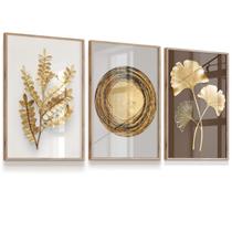 Quadro Decorativo Vidro Folhas Brancas Abstrato Círculo Dourado Tropical Sala Quarto