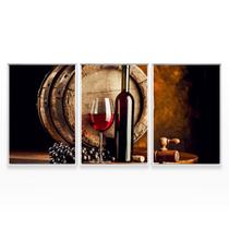 Quadro Decorativo Vinho Taça Barril Uvas Mosaico 3 Telas Decoração Com Moldura - Bimper