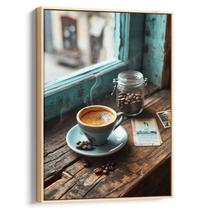 Quadro decorativo Vintage - Café na Janela Azul Desgastada - Art Canvas