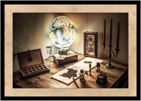 Quadro Decorativo Vintage Globo Terrestre Candelabro Retrô Quartos Salas Com Moldura RC055