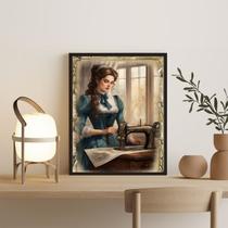 Quadro Decorativo Vintage Mulher Costurando 45x34cm - com vidro