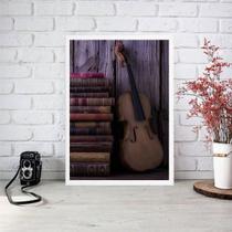 Quadro Decorativo Violino Com Livros 45X34Cm Moldura Preta