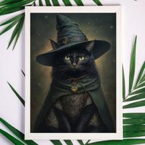 Quadro decorativo witchy black cat 33x24cm - Madeira branca