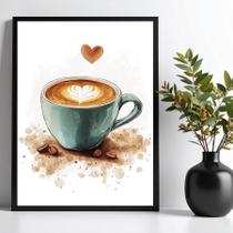 Quadro Decorativo Xícara de Café Aquarela Coração 33x24cm - com vidro