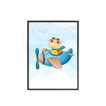 Quadro Dinossaurinho Fofo Avião 33X24 C/Vidro Madeira Branca