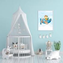 Quadro Dinossaurinho Fofo Avião 45X34Cm Com Vidro Preta