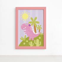 Quadro Dinossauro Menina Lilás Moldura Rosa 22x32cm