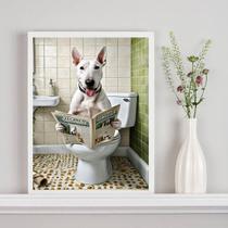 Quadro Divertido Banheiro Bull Terrier Jornal 45X34Cm Vidro