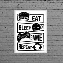 Quadro Eat Sleep Game Repeat 33X24 - Com Vidro Moldura Preta - Quadros On-Line