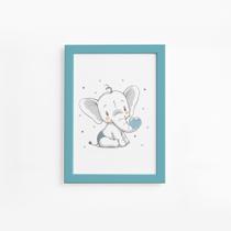 Quadro Elefante e Coração Azul Moldura Azul 22x32cm