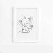 Quadro Elefante e Coração Azul Moldura Branca 33x43cm Quadro Elefante e Coração Azul Moldura Branca 33x43cm