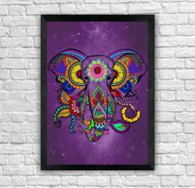 Quadro Elefante Zen Mandala Roxo com Moldura E Acetato Tamanho A3