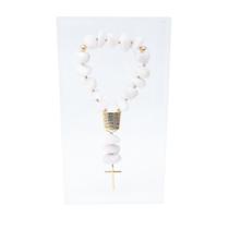 Quadro em Acrílico Com Terço Decorativo Pai Nosso Pedra Quartzo Branco