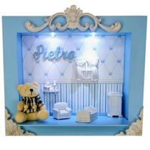 Quadro Enfeite De Porta Maternidade Cenário Led - Azul bb com Branco menino