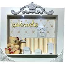 Quadro Enfeite De Porta Maternidade Cenário Led - Branco e Creme Ursinha Menina