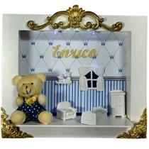 Quadro Enfeite Porta Maternidade Cenário Led - BRANCO COM AZUL MARINHO E DOURADO