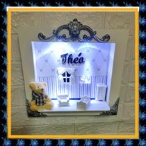 Quadro Enfeite Porta Maternidade Cenário Led - Branco com Azul marinho e prata