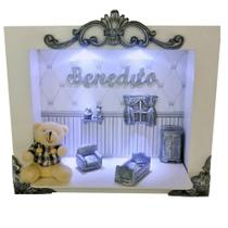 Quadro Enfeite Porta Maternidade Cenário Led - BRANCO COM CINZA E PRATA