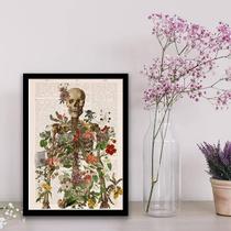 Quadro Esqueleto Com Flores 33X24 Com Vidro - Madeira Preta Quadro Esqueleto Com Flores 33X24 Com Vidro - Madeira Preta