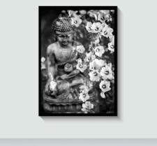 Quadro Estátua Buda e Flores Budismo Zen com Moldura e Acetato Tamanho A3