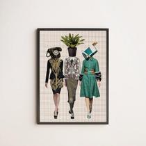 Quadro Estilo Colagem Mulheres Retrô 45X34Cm Com Vidro Preta
