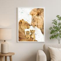Quadro Família De Leões Aquarela Bege - 2 Filhotes 33x24cm - com vidro
