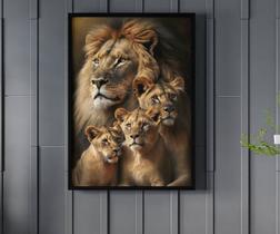 Quadro Família Leão Leoa e Dois Filhotes Decoração Sala Quarto