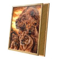 Quadro Família leões 2 Filhotes Por do Sol Moldura e Vidro