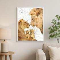 Quadro Família Leões Aquarela Bege -2 Filhotes 45X34Cm-Vidro