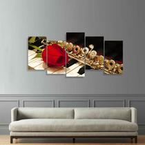 Quadro Flauta e Rosa Intrumentos Mosaico 5 Peças decorativo - Quadros Descolados