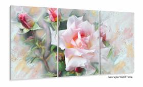 Quadro Flor Rosa Branca Sala Quarto Em Tecido 120x60 3 peças Quadro Flor Rosa Branca Sala Quarto Em Tecido 120x60 3 peças