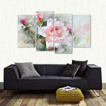 Quadro Flor Rosa Branca Sala Quarto Em Tecido 4 Peças 1 Quadro Flor Rosa Branca Sala Quarto Em Tecido 4 Peças 1