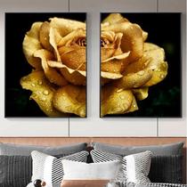 Quadro Flor Rosa Preto e Dourado - Kit 2 telas