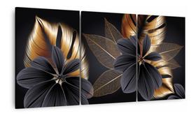 Quadro Flores Douradas Modernas Luxo Conjunto sala 120x60