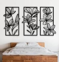 Quadro Flores Vazadas Decorativo Trio Em Mdf Preto 45x25
