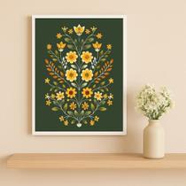 Quadro Flores Verd E Am Folk Art 45X34Cm Mold Preta