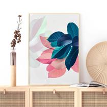 Quadro Folha Azul e Rosa - Moldura Caixa + Foam + Vidro em Vários Tamanhos - Artfine