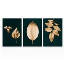 Quadro Folhas Douradas Botânico Moderno Decorativo Fundo Verde Escuro Para Sala Grande Canvas - Bimper