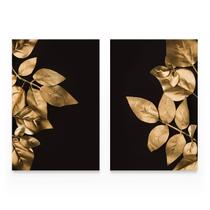 Quadro Folhas Douradas Mosaico Grande Golden Leaves Moderno Kit 2 Telas Sala - Bimper
