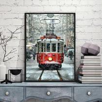Quadro Fotografia Bonde Vermelho Neve 45X34Cm Madeira Preta