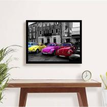 Quadro Fotografia Carros Coloridos 33X24 Com Vidro - Preta