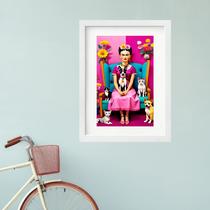 Quadro Frida Com Gatos e Cachorros - 60x48cm
