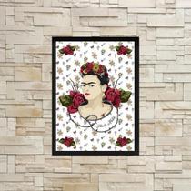 Quadro Frida Fundo Rosas Vermelhas 33X24Cm - Com Vidro