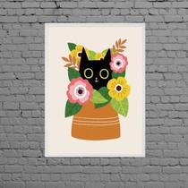 Quadro Gatinho Com Vaso De Flores 45X34Cm Moldura Preta Quadro Gatinho Com Vaso De Flores 45X34Cm Moldura Preta