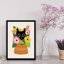 Quadro Gatinho Com Vaso De Flores 45X34Cm Moldura Preta Quadro Gatinho Com Vaso De Flores 45X34Cm Moldura Preta