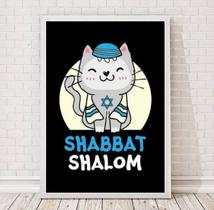 Quadro Gatinho Shabbat Shalom 33x24cm Vidro - Madeira Branca