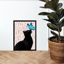 Quadro Gato Com Borboleta ul 33X24Cm - Com Vidro