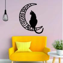 Quadro Gato E Lua Vazado Mdf Preto Decorativo Sala Casa Cat Moon Escultura de Parede