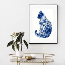 Quadro Gato Floral Azul - 60x48cm