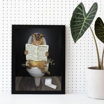 Quadro Gato No Banheiro Lendo Jornal 33x24cm